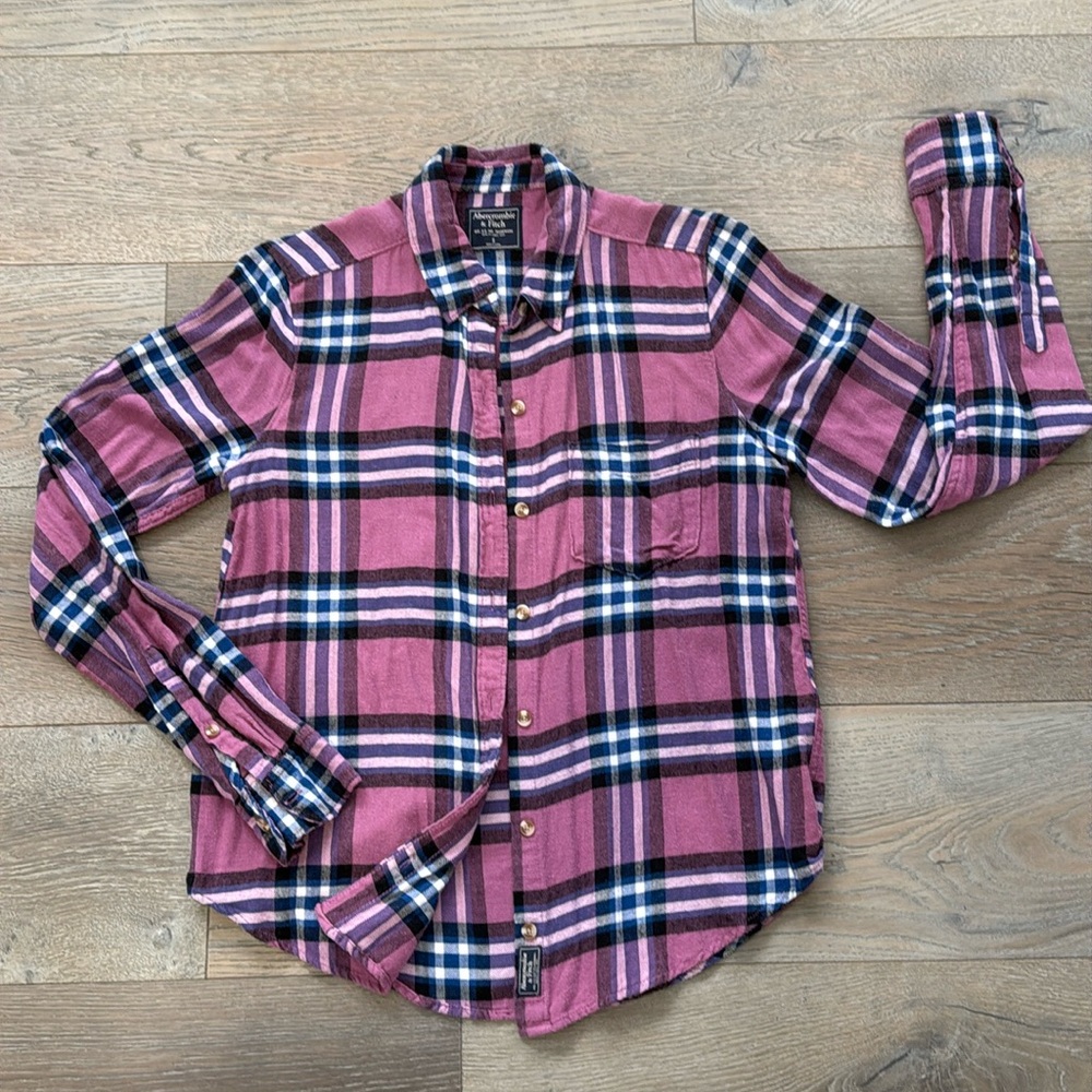 Abercrombie & Fitch Pink & Blue Plaid Cotton Blend Flannel Button Down Shirt Sml